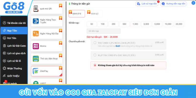 Gửi vốn vào Go8 qua ZaloPay siêu đơn giản